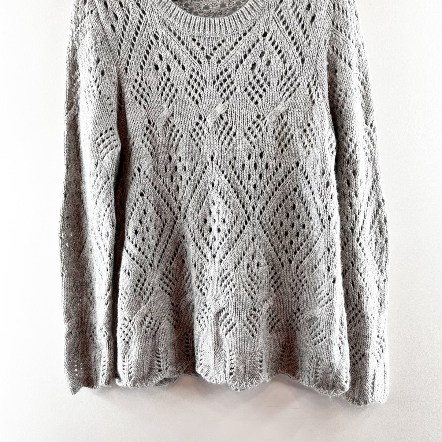 LOFT Pointelle Knit Long Sleeve Crewneck Sweater Gray Large