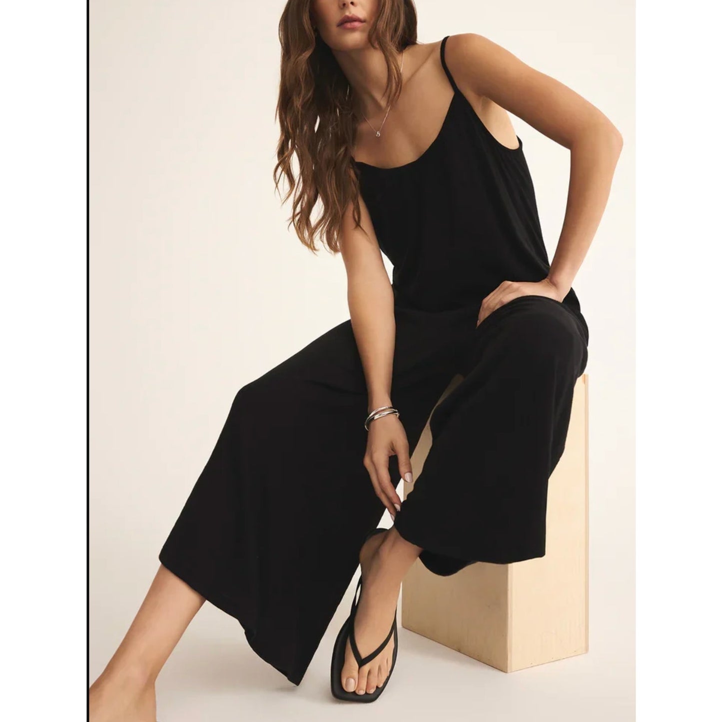 Z Supply Textured Flared Wide Leg Cropped Waistless Jumpsuit Black Medium