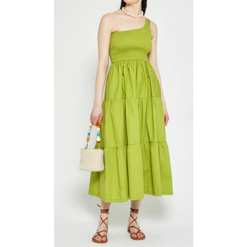 o.p.t One Shoulder Smocked Tiered A-Line Maxi Dress Chartreuse Green Large