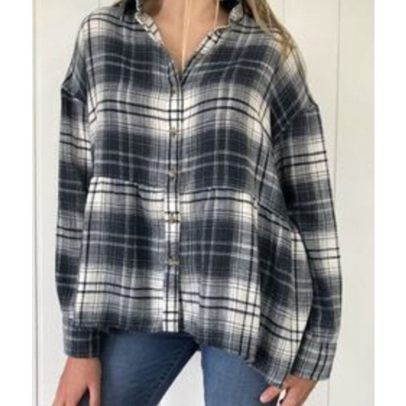 American Eagle Long Sleeve Plaid Button Down Peplum Flannel Top Blue Large
