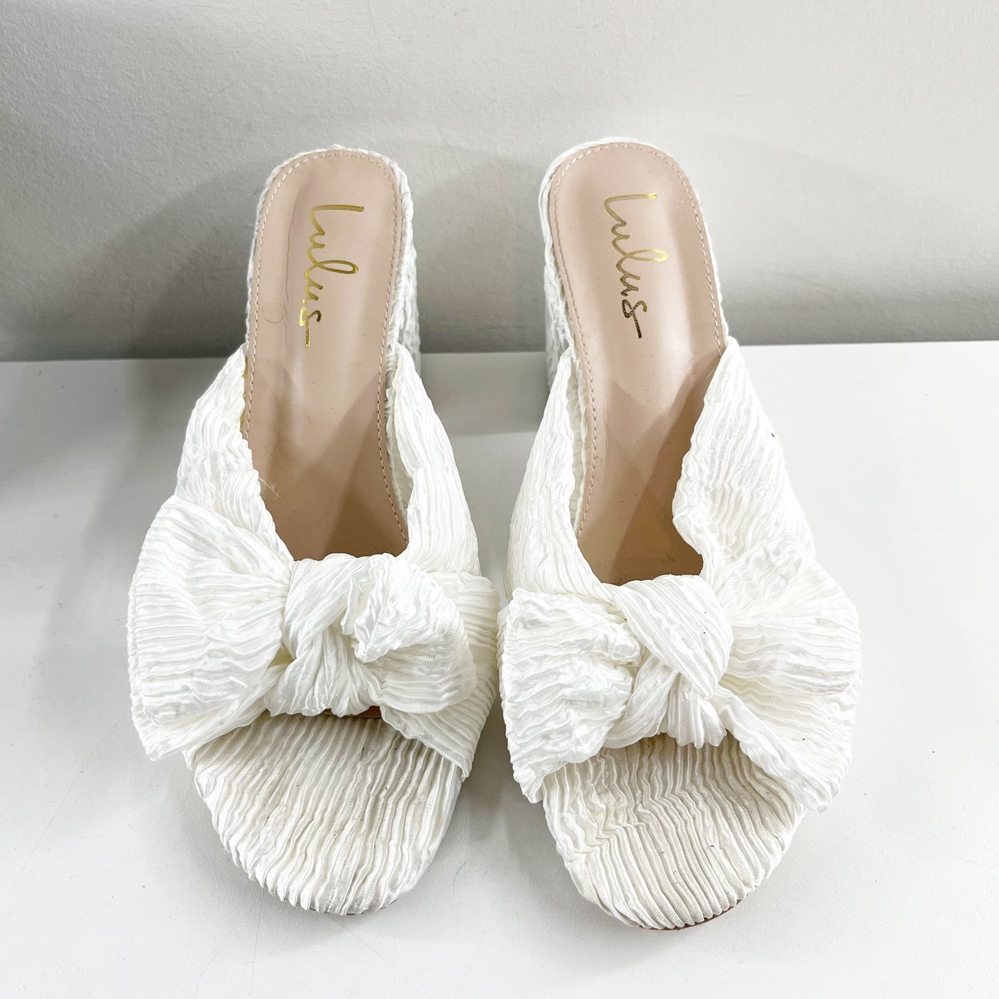 Lulus Dorothea Knotted Bow Peep Toe Block Heel Sandals Shoes Ivory White 8