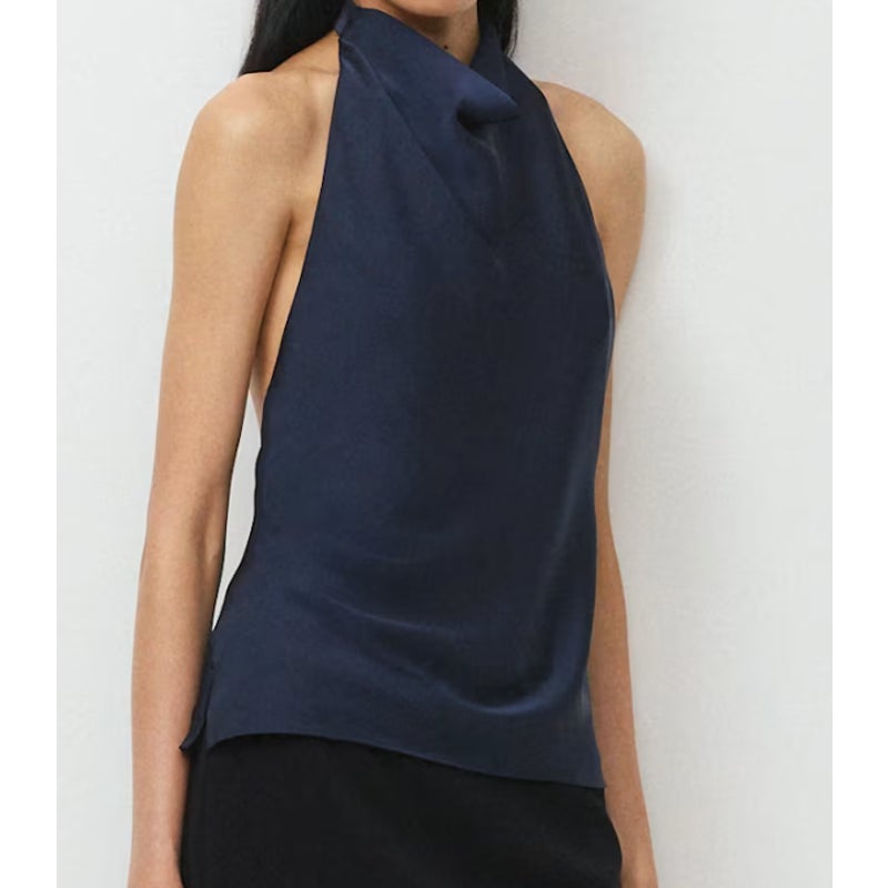 Aritzia Audience High Neck Halter Satin Tank Top Admiral Navy Blue 4