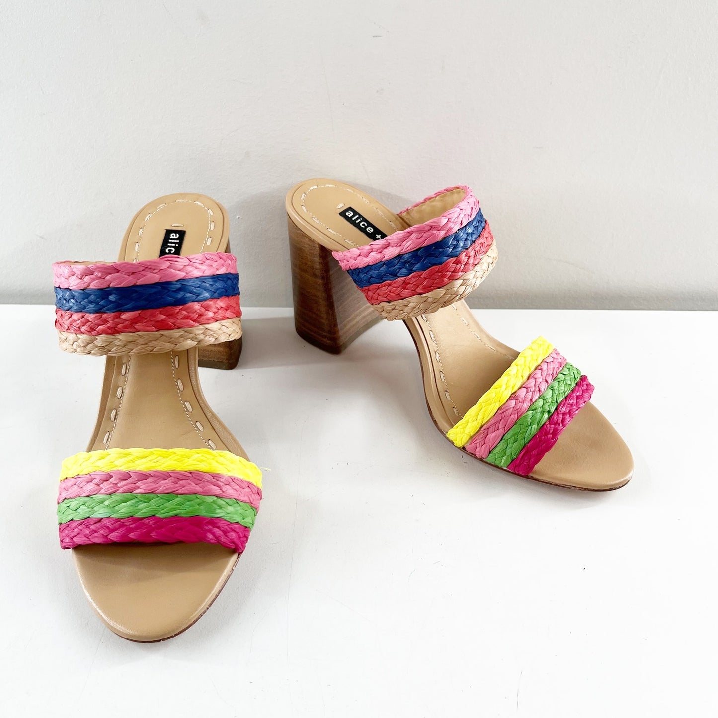 Alice + Olivia Leeda Raffia Rainbow Slip On Block Heel Sandals Rainbow 8