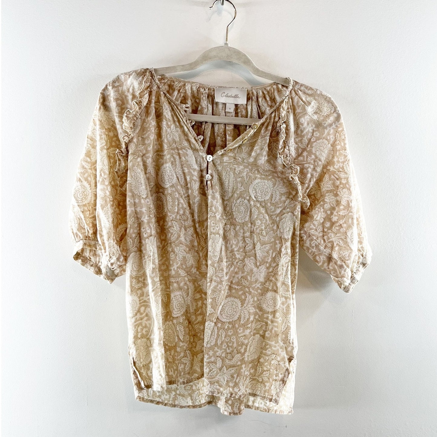 Cleobella Raimi 100% Organic Cotton Blouson Sleeve Blouse Top Beige Small