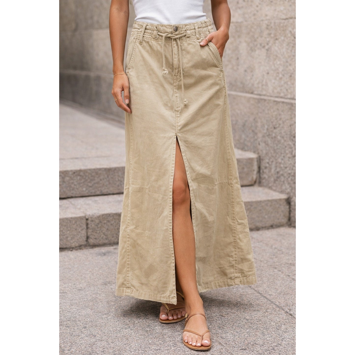 Free People Pull On Drawstring Waist Front Slit Utility Maxi Skirt Beige Tan 2