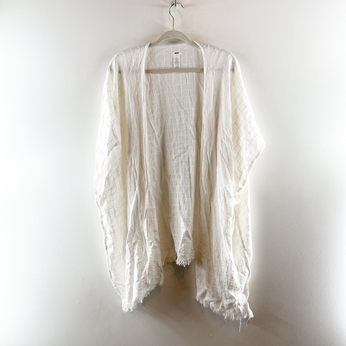 Aerie Short Sleeve Open Cover Up Kimono Fringe Trim Hem White One Size