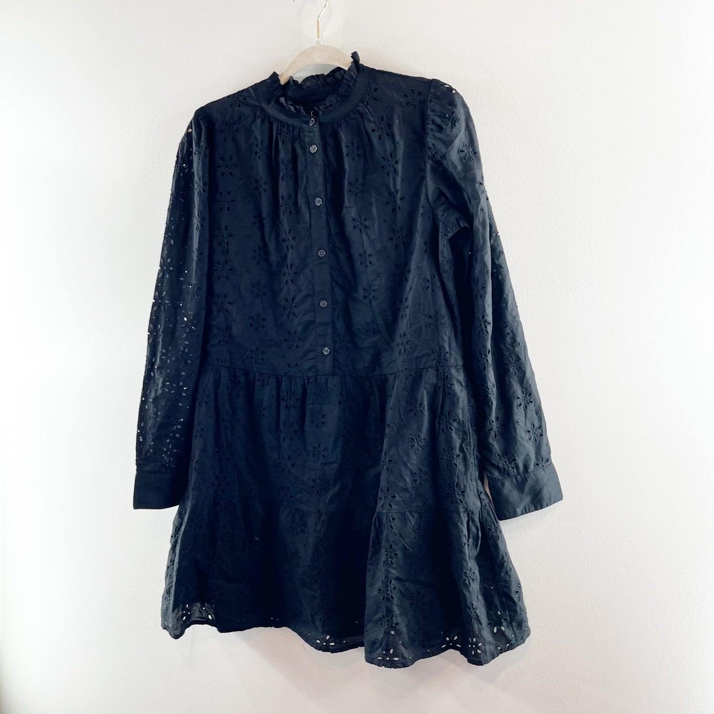 GAP Eyelet Long Sleeve Button Up Cotton Tiered Mini Shirtdress Black Small