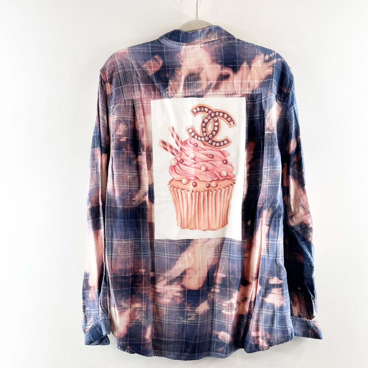 Made it Art Upcycled Plaid Tie Dye Flannel Button Up Shirt Blue Pink Large