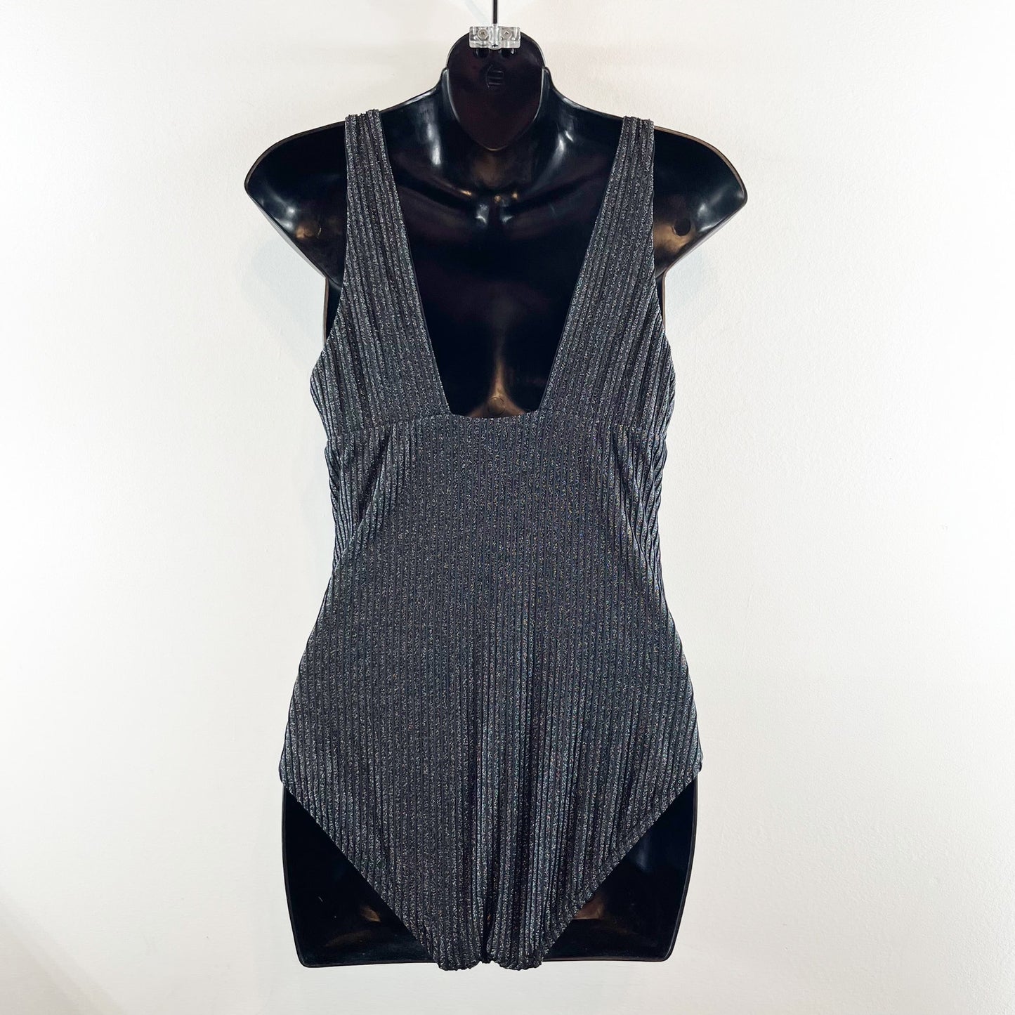 Andie Swim Metallic Ribbed Shimmer One Piece Swimsuit Black Small