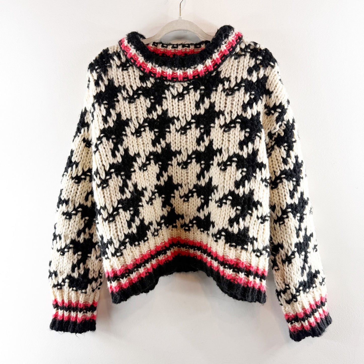 Blank NYC Chunky Long Sleeve Crewneck Houndstooth Sweater Black White Small