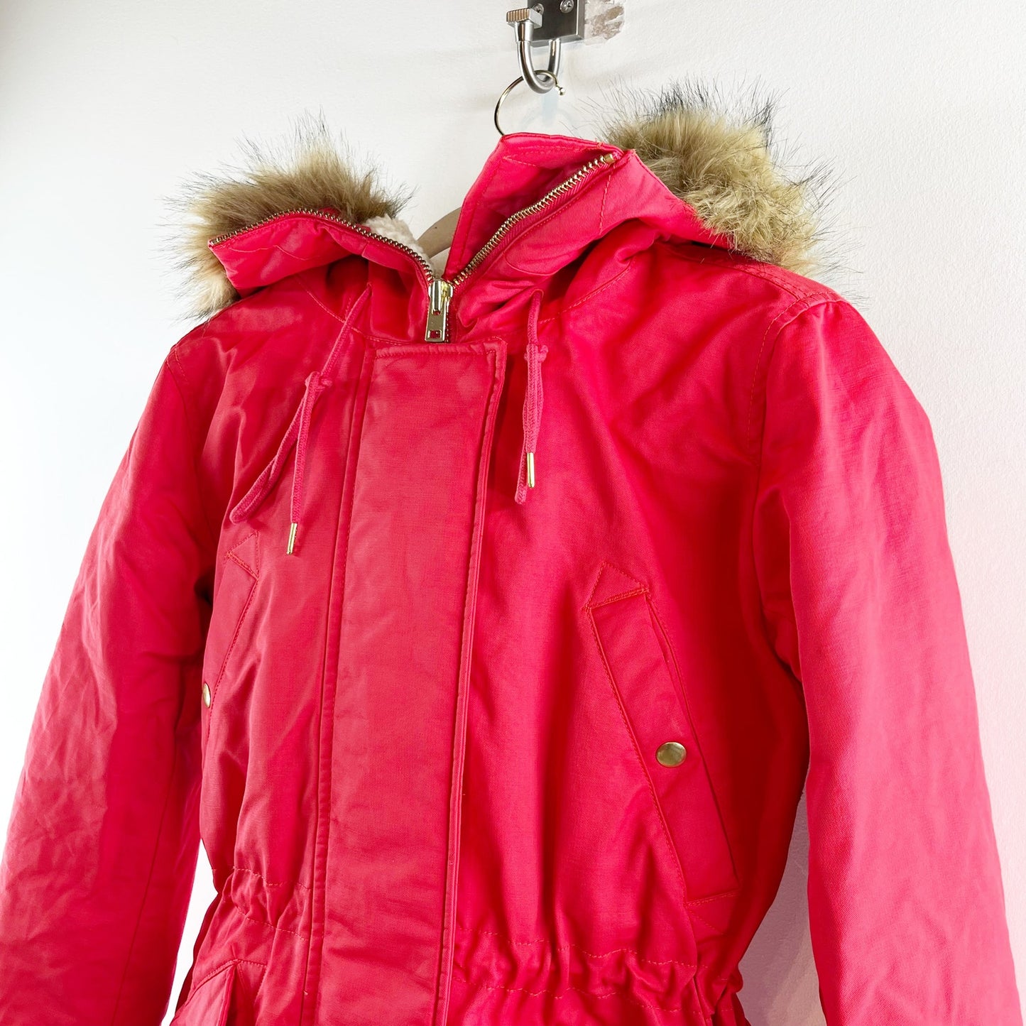 J. Crew Perfect Winter Parka Coat Jacket Faux Fur Trim Hood Red XXS