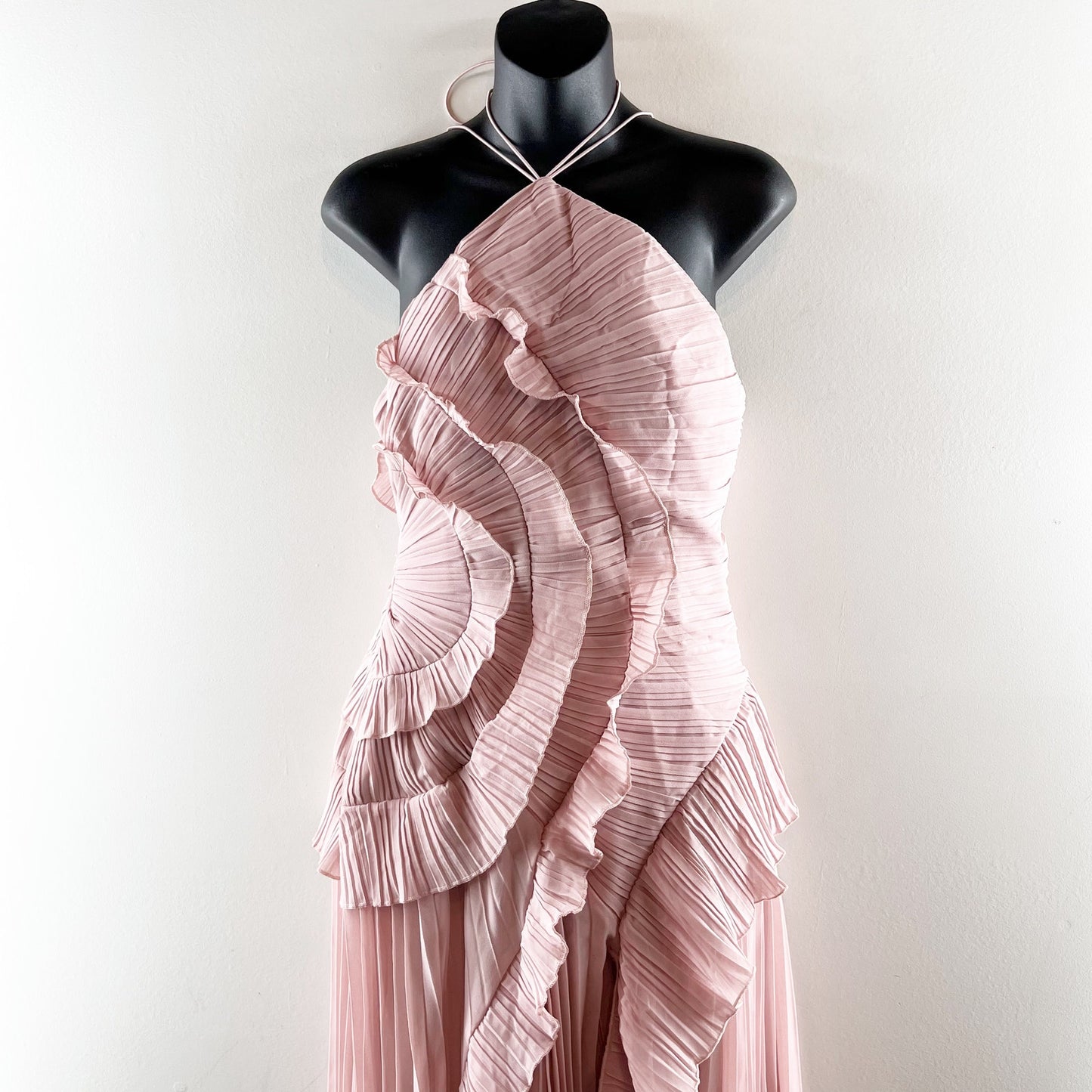 Boutique High Neck Ruffled Pleated Halter Maxi Dress Gown Blush Pink Medium