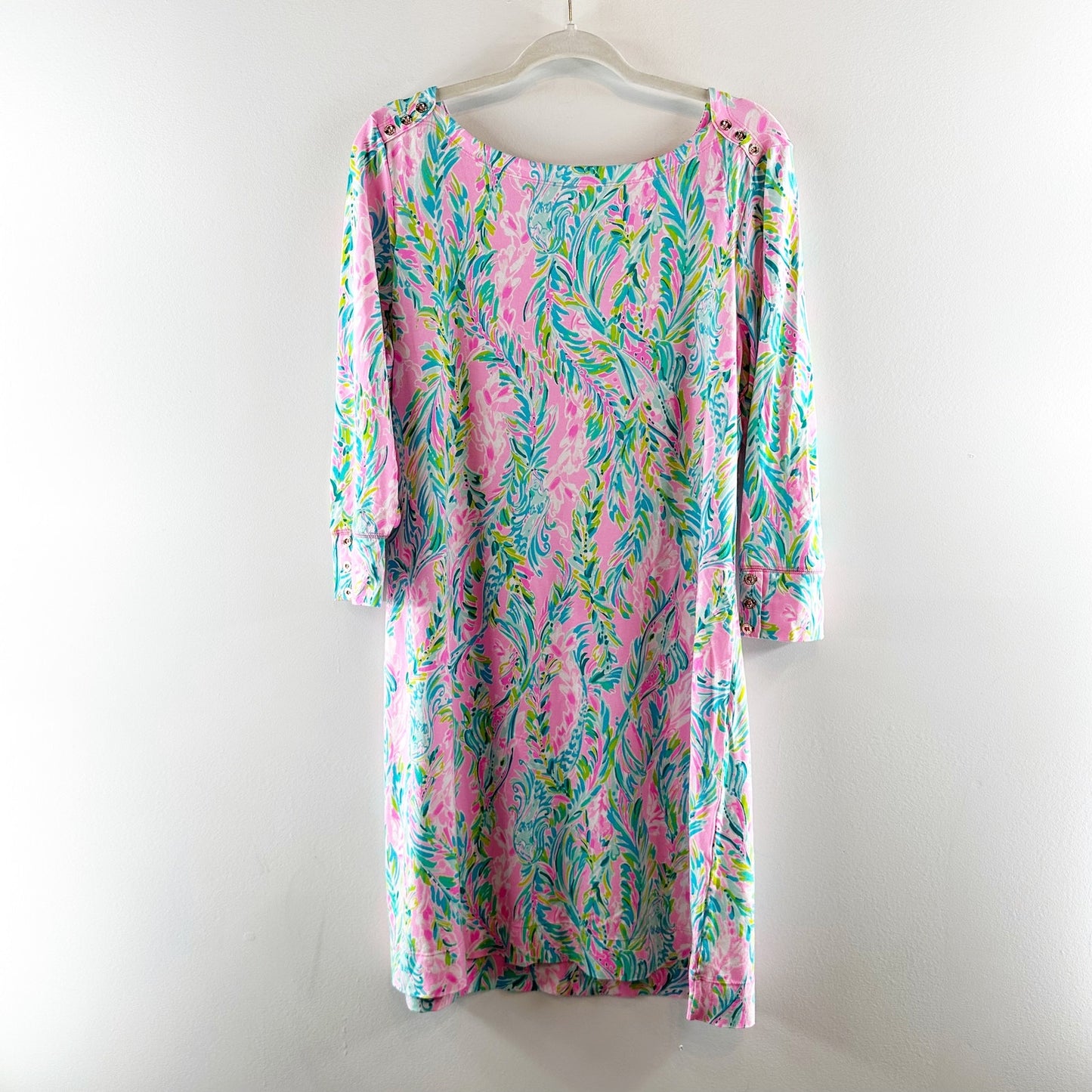 Lilly Pulitzer Sophie 50 UPF 3/4 Sleeve Shift Jersey Mini Dress Blue Pink XL