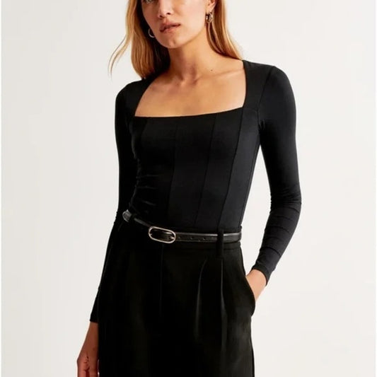 Abercrombie Soft AF Corset Square Neck Long Sleeve Bodysuit Black Small