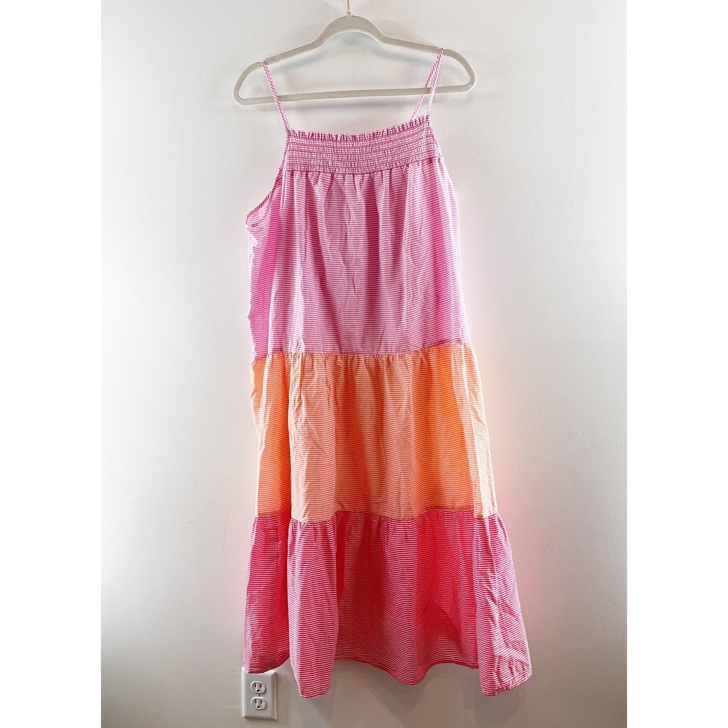 J. Crew Smocked Striped Colorblock Tiered Midi Sundress Dress Pink Orange XXL