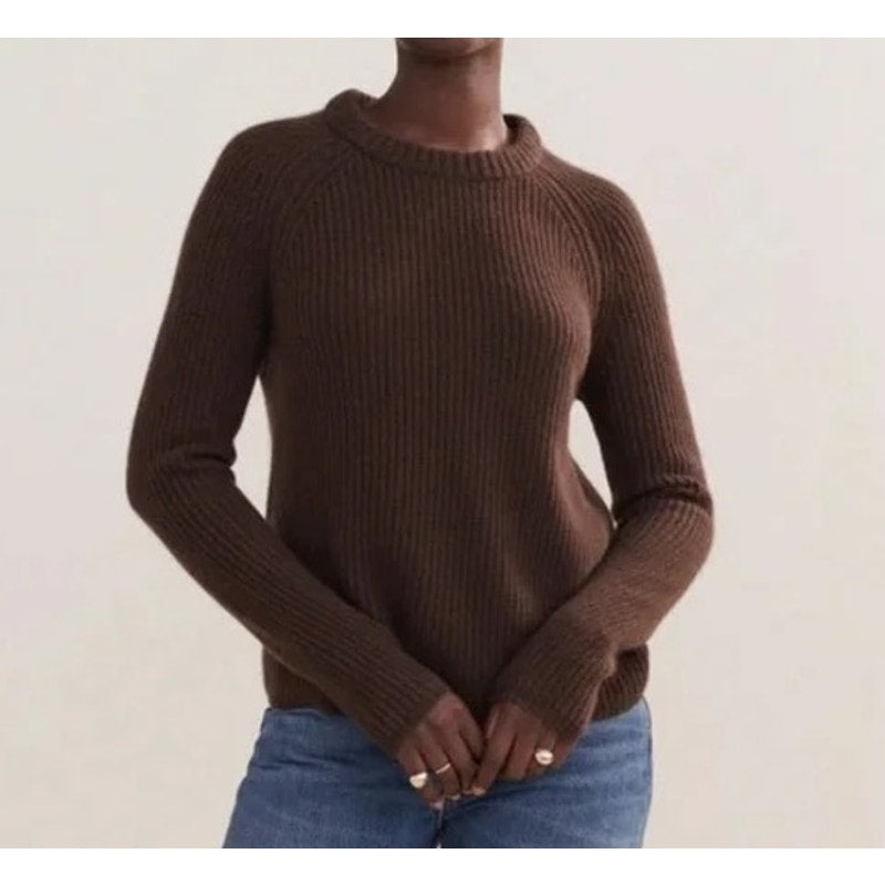 Jenni Kayne Cashmere Crewneck Pullover Fisherman Sweater Chocolate Brown XXL