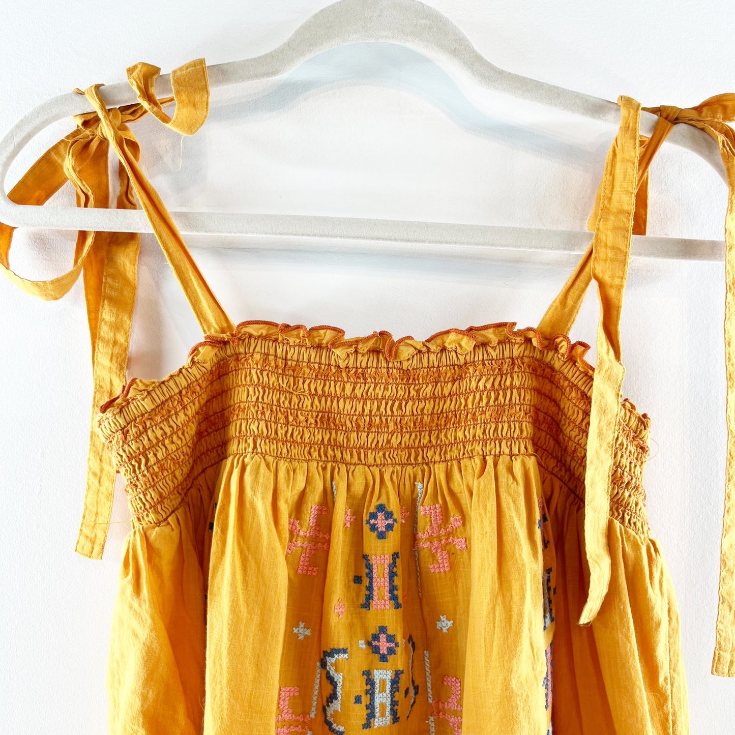 Anthropologie Tie Strap Embroidered Square Neck Tank Top Yellow XS