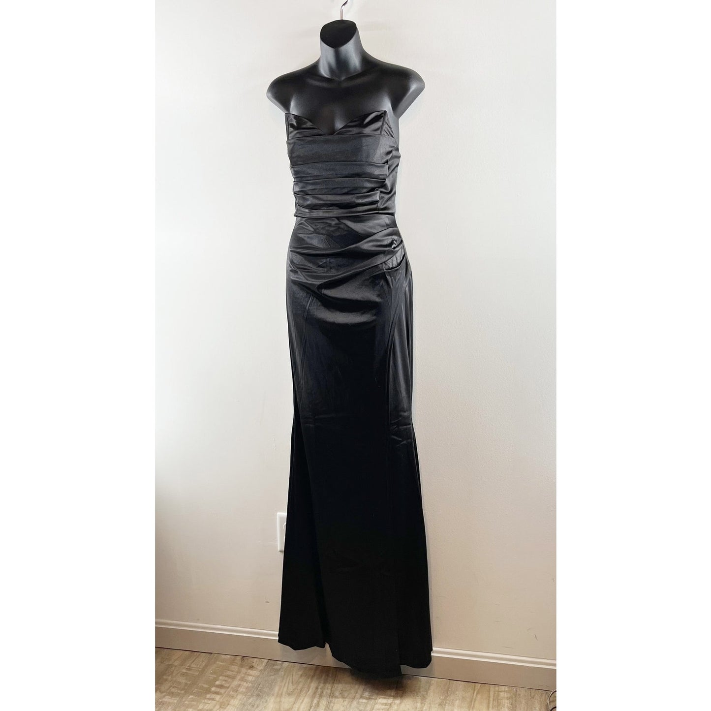 Cefian Strapless Corset High Slit Maxi Satin Gown Dress Black Large