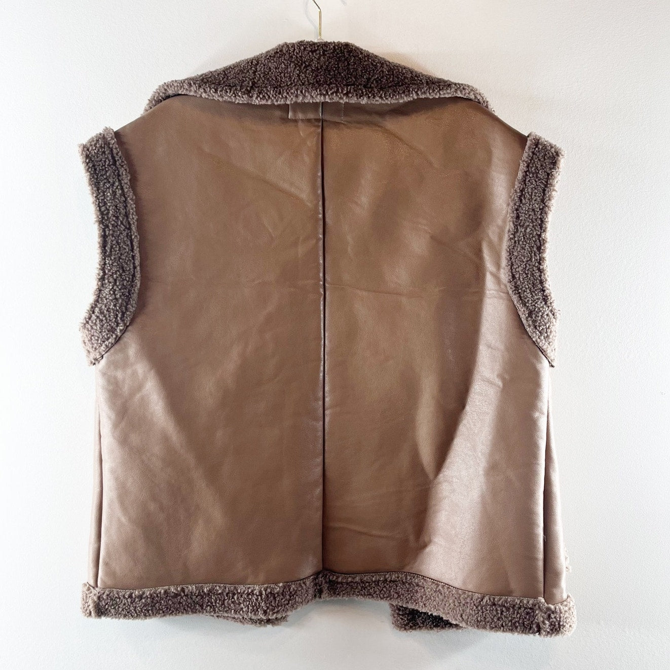 Fashion Nova Sleeveless Open Front Collared Sherpa Vest Jacket Brown Medium