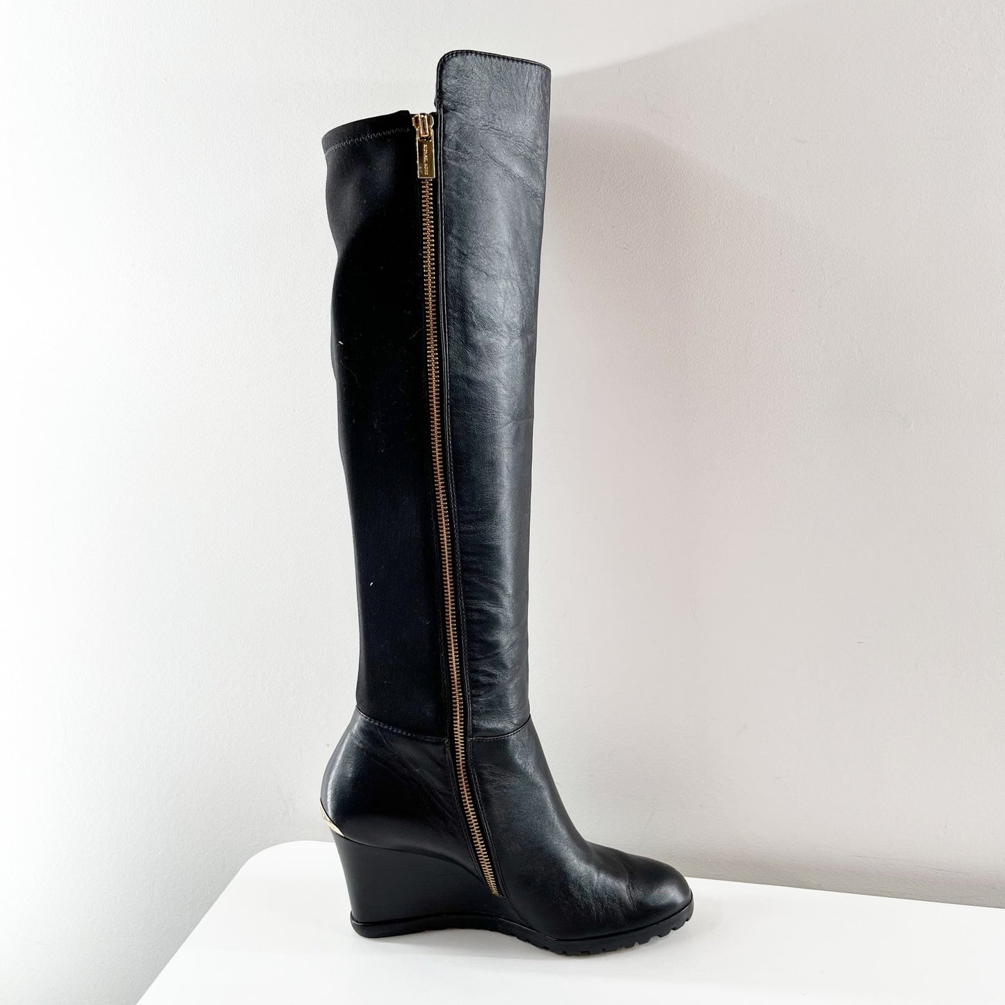 Michael Kors Knee High Leather Bromley Wedge Riding Boots Black 8