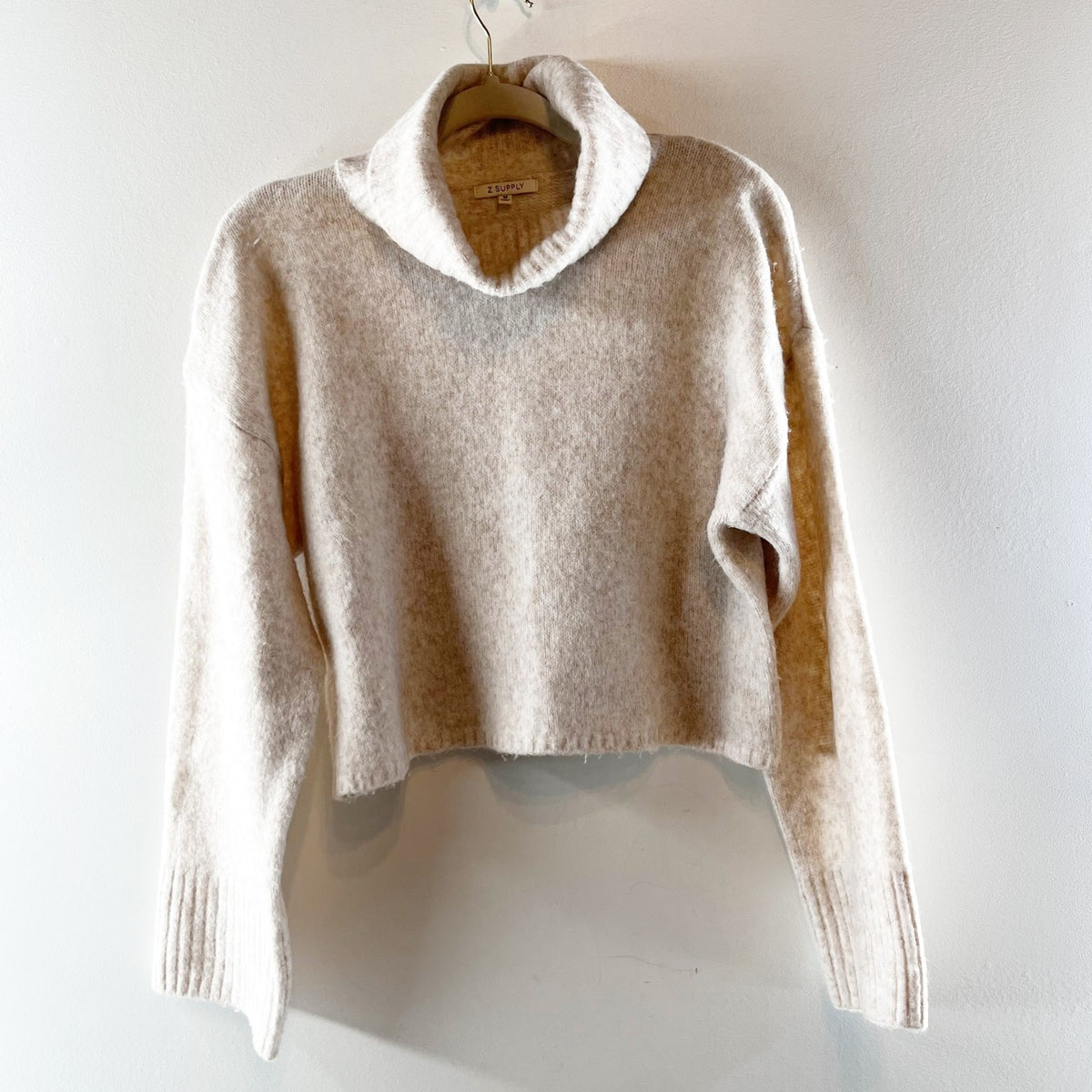 Z Supply Ursa Long Bell Sleeve Turtleneck Cropped Sweater Tan Beige Medium