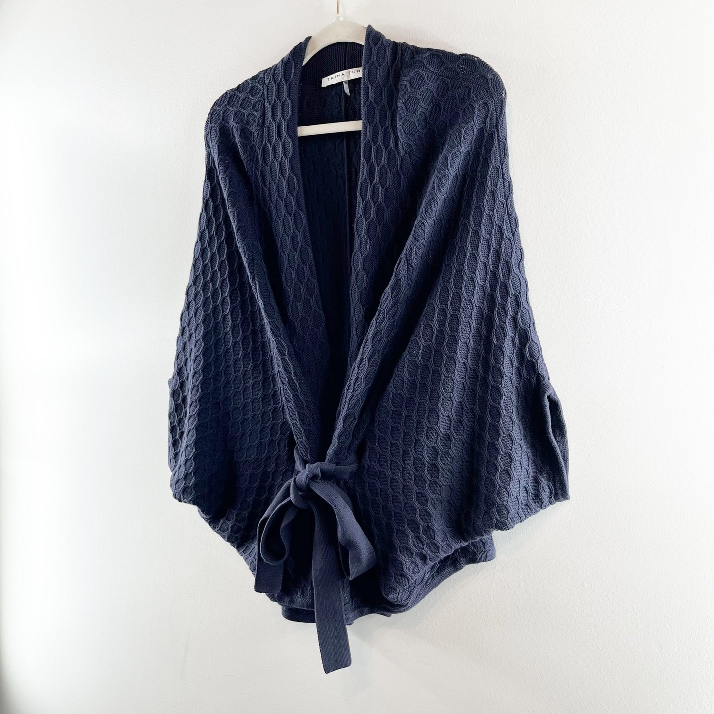 Trina Turk 100% Cotton Honeycomb Tie Front Knit Poncho Sweaters Navy Blue Small