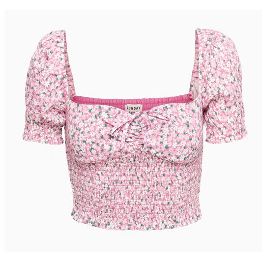 Sunday Best Sinatra Smocked Puff-Sleeve Crop Blouse Top Jam Packed Floral Small