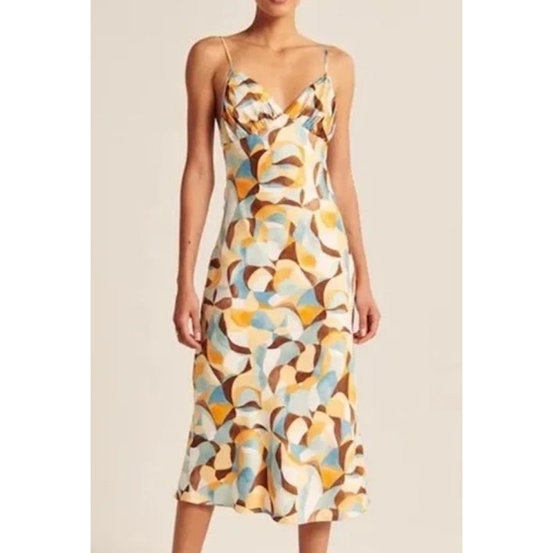 Abercrombie & Fitch Satin Printed Midi Slip Dress Cream Multi Medium
