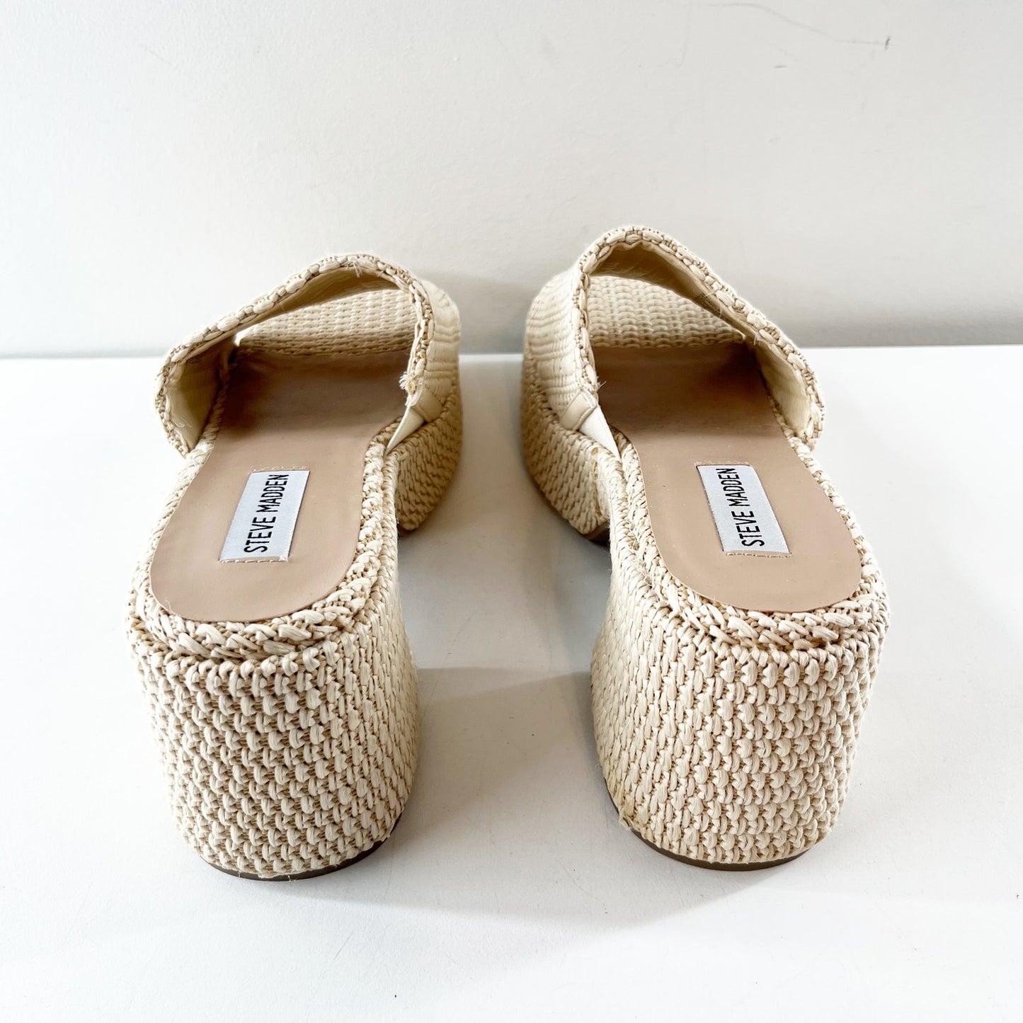 Steve Madden Troyye Platform Block Heel Raffia Sandals Bone Tan