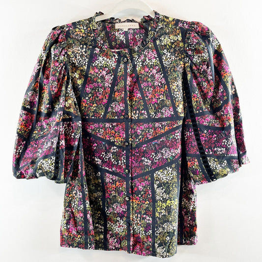 Caballero Celeste Puff Sleeve Floral Print Blouse Top Green Purple Small