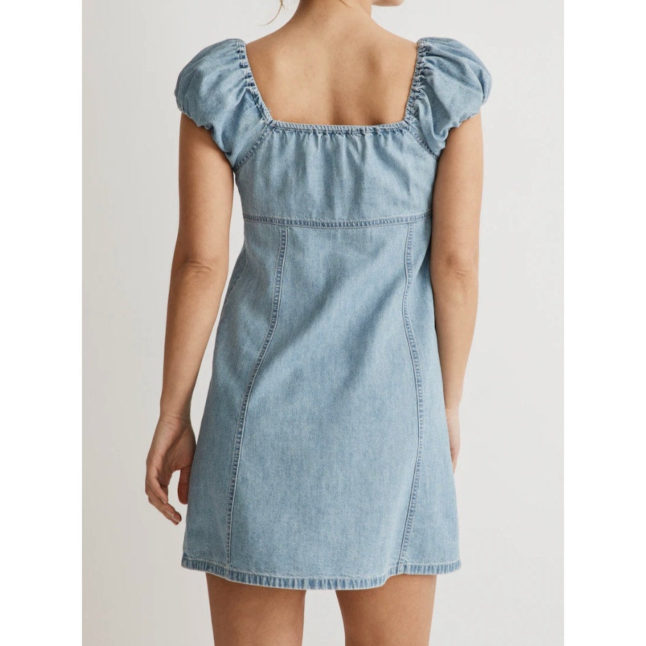 Madewell Denim Short Puff Sleeve Button Up Margie Mini Dress Bevy Wash Blue 12