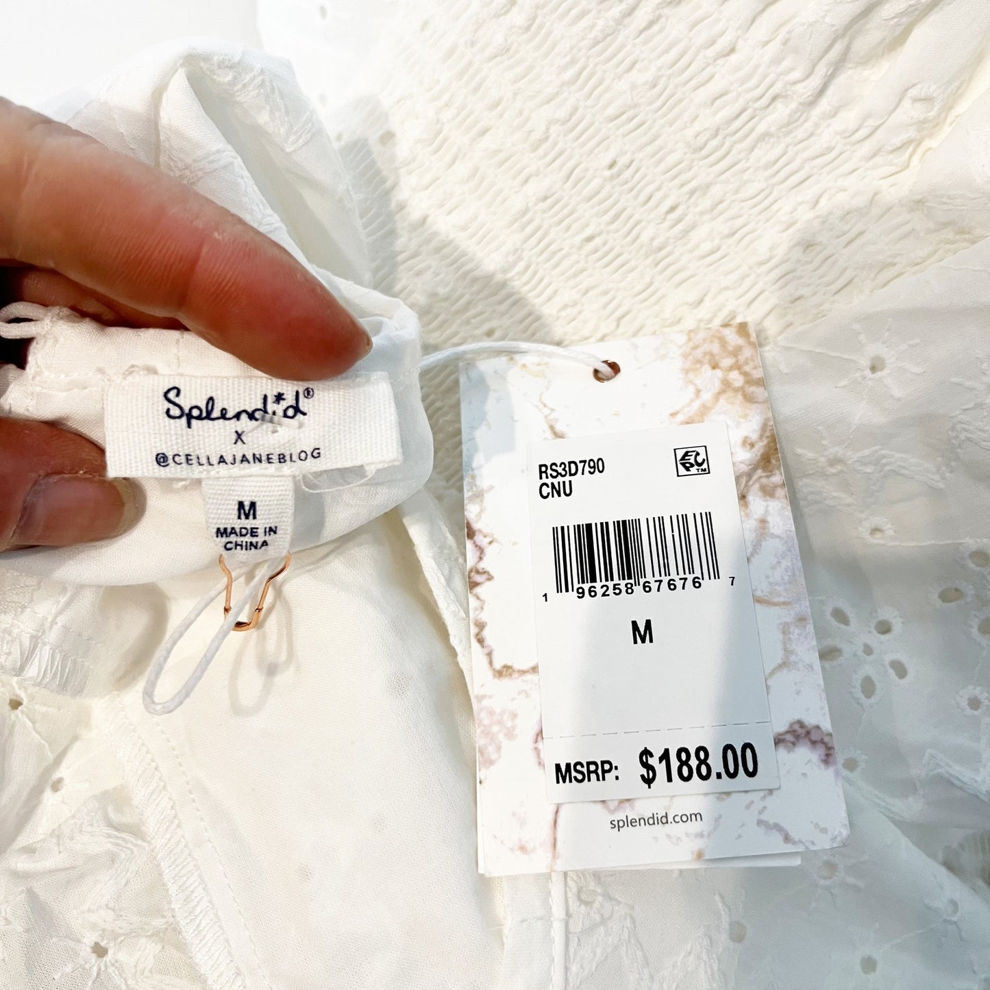 Splendid X Cellajaneblog Long Sleeve Eyelet Smocked Mini Dress White Medium