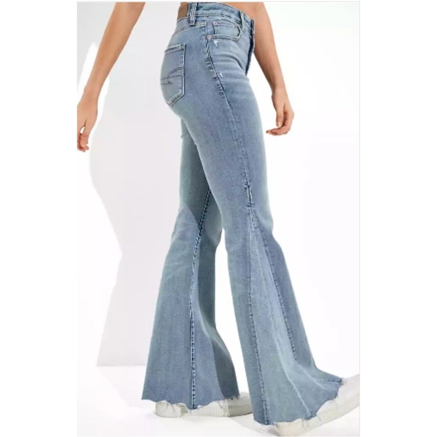 American Eagle Mid Rise Festival Flare Raw Hem Jeans Blue 0