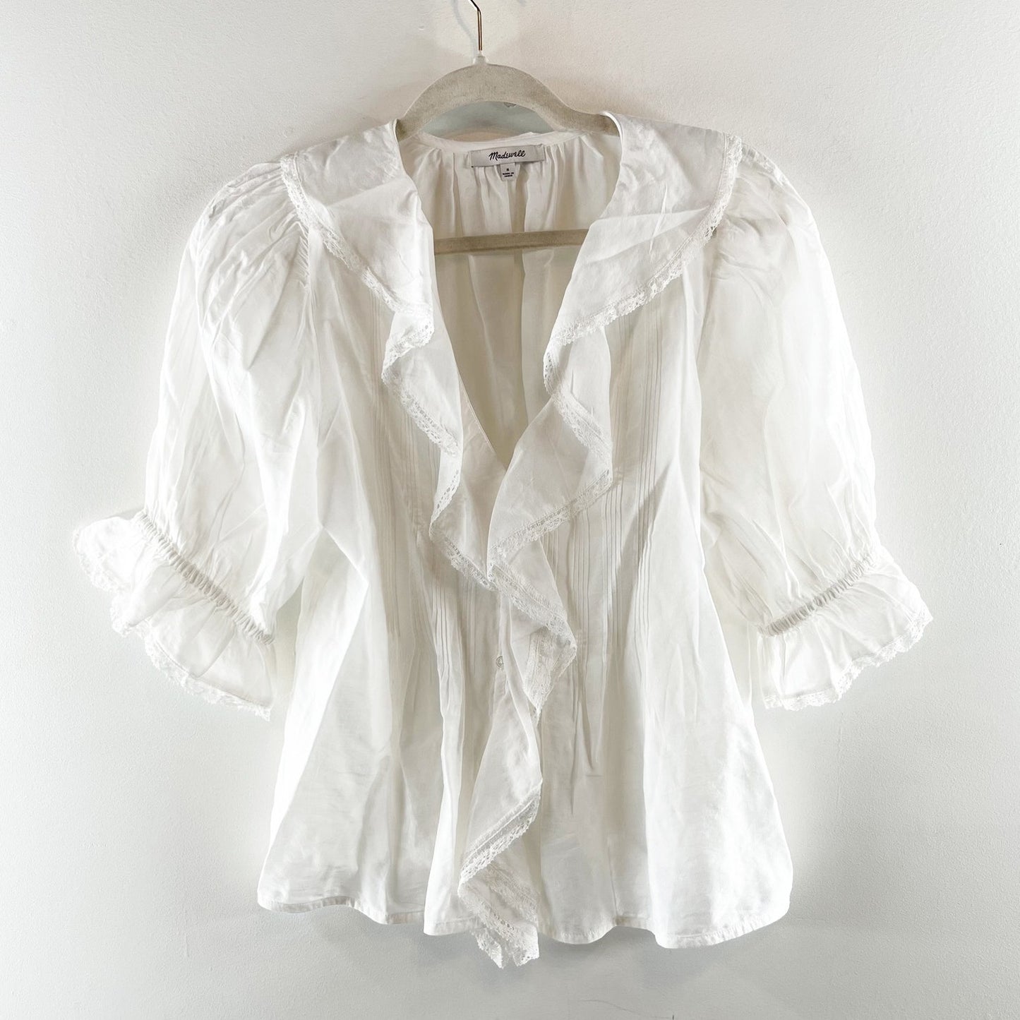 Madewell Blaire Pintucked Ruffled Puff-Sleeve V-Neck Blouse Top White Small
