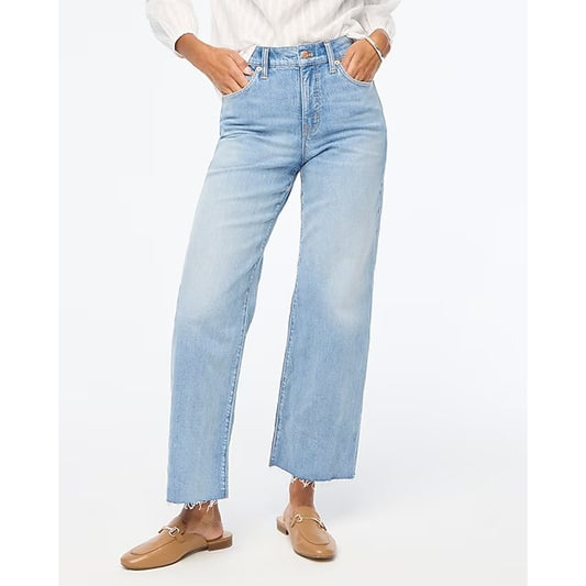 J. Crew High Rise Wide Leg Cropped Jeans All Day Stretch Raw Hem Blue 34 Tall