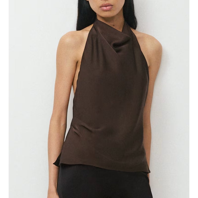 Aritzia Audience High Neck Halter Satin Tank Top Mocha Brown 4