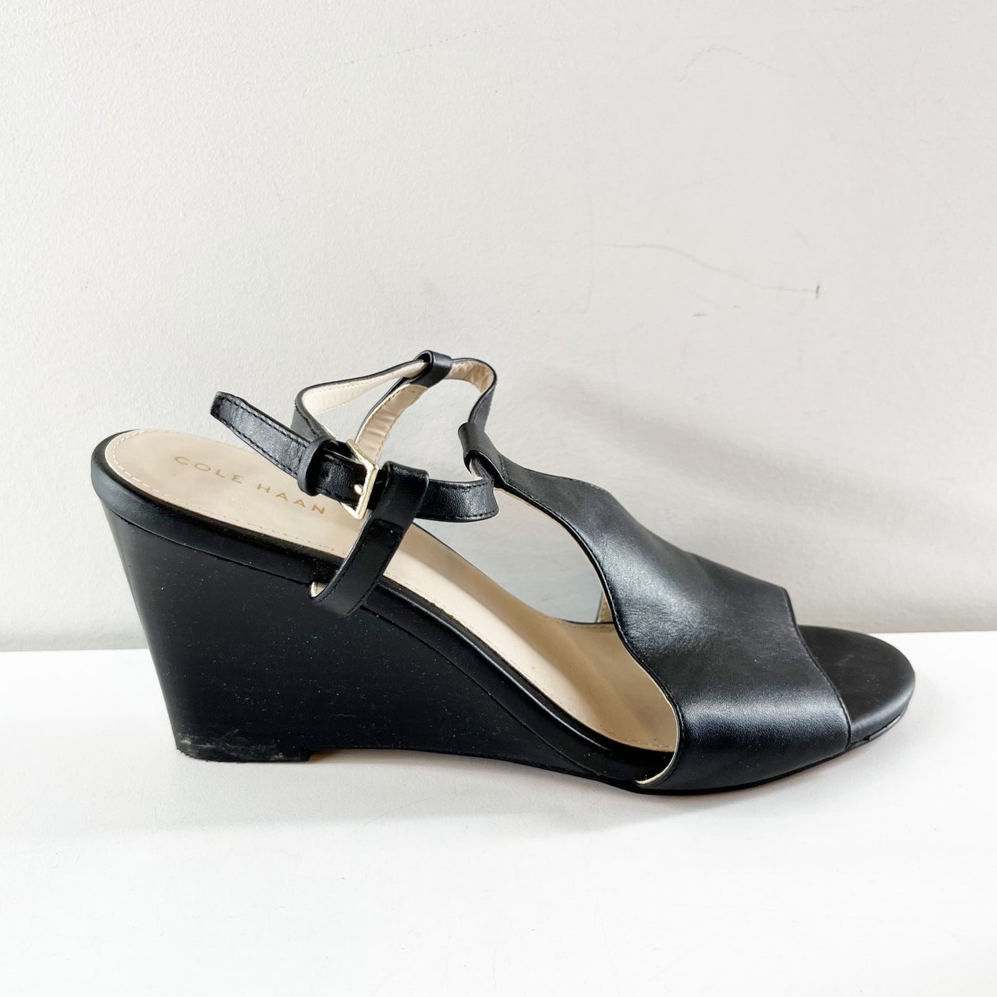 Cole Haan Maddie Open Toe Wedge Leather Shoes Sandals Black 9.5