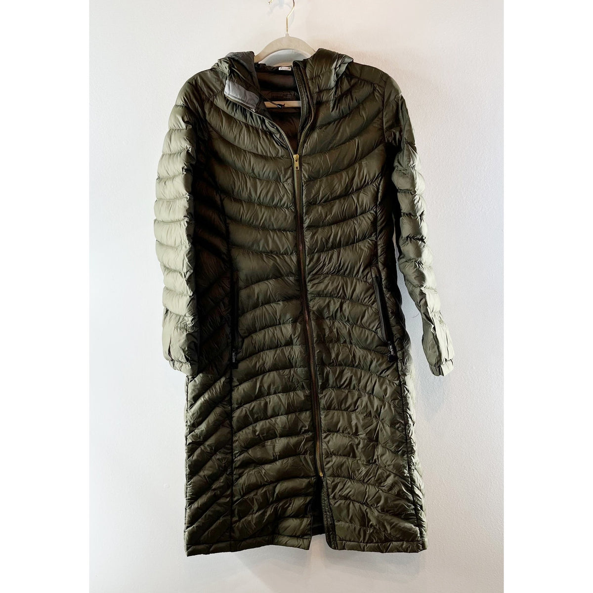 L.L. Bean 850 Fill Down Ultralight Mid Length Parka Coat Jacket Olive Green SP