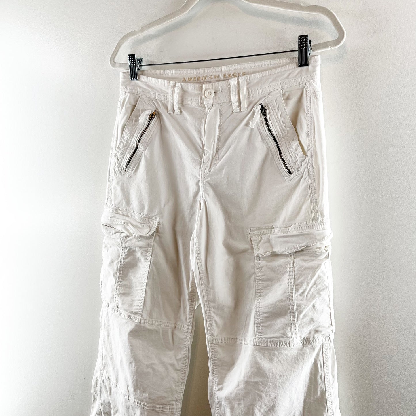 American Eagle Low Rise Cargo Baggy Wide Leg Flare Pants White 4