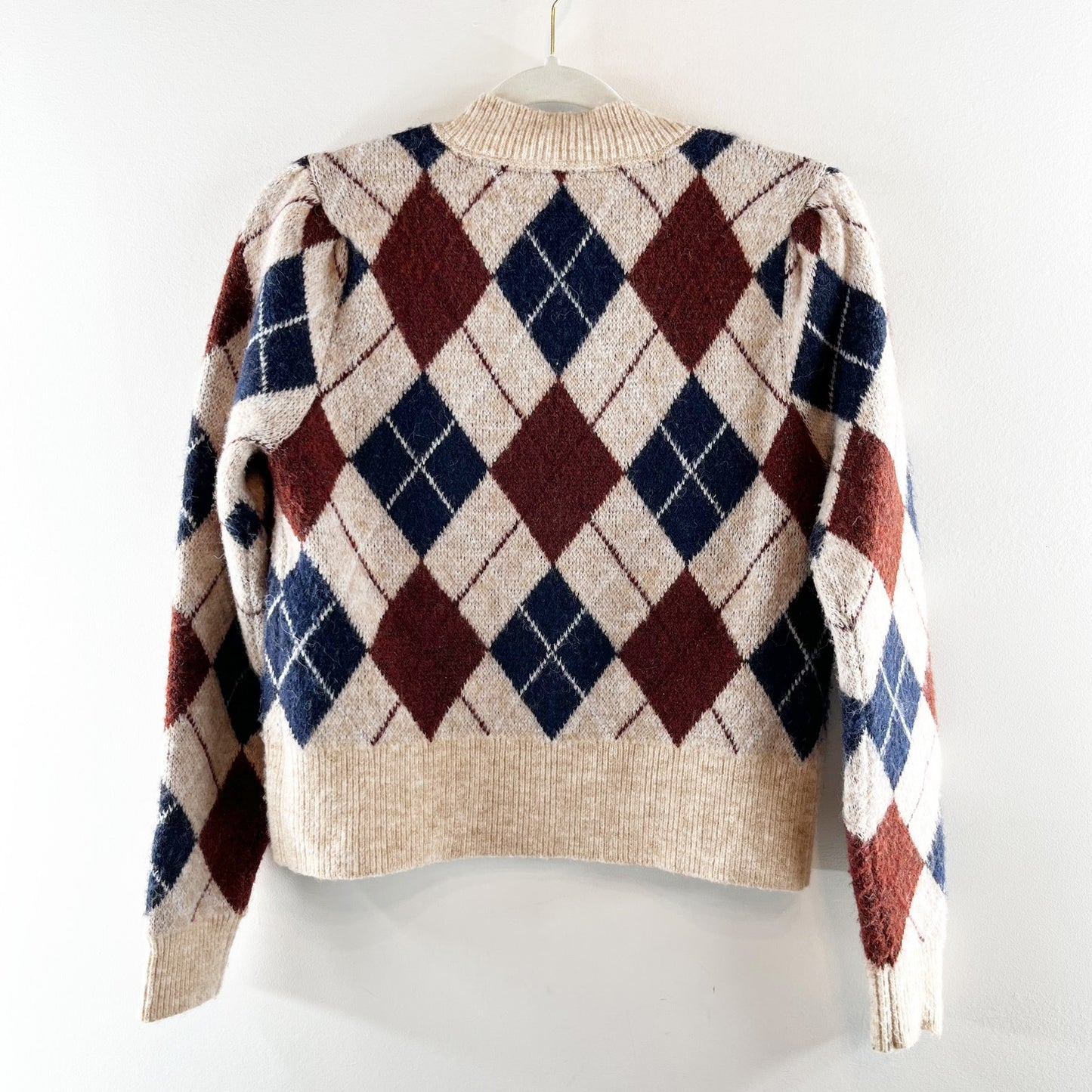 RD Style Evereve V Neck Argyle Cardigan Sweater Tan Beige XS