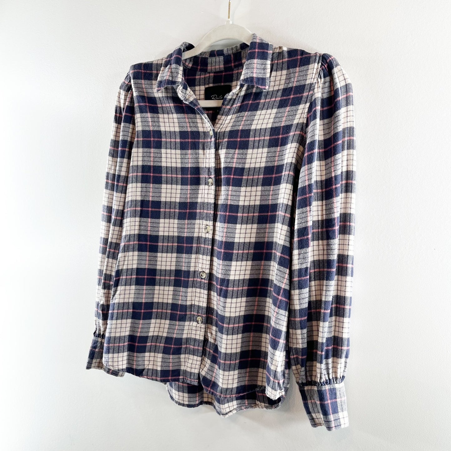 Rails Angelica Long Sleeve Plaid Flannel Button Up Shirt Almond Pink Navy Small