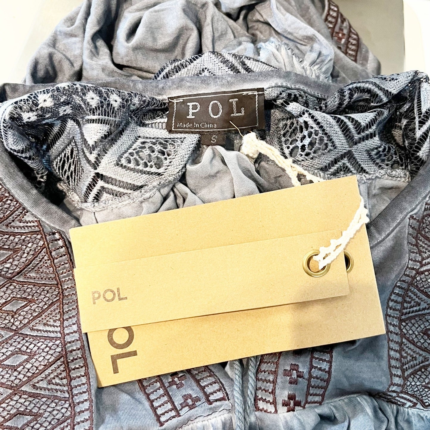 POL Short Puff Sleeve Boho Mini Dress Elastic Waist Tassel Drawstring Blue Small