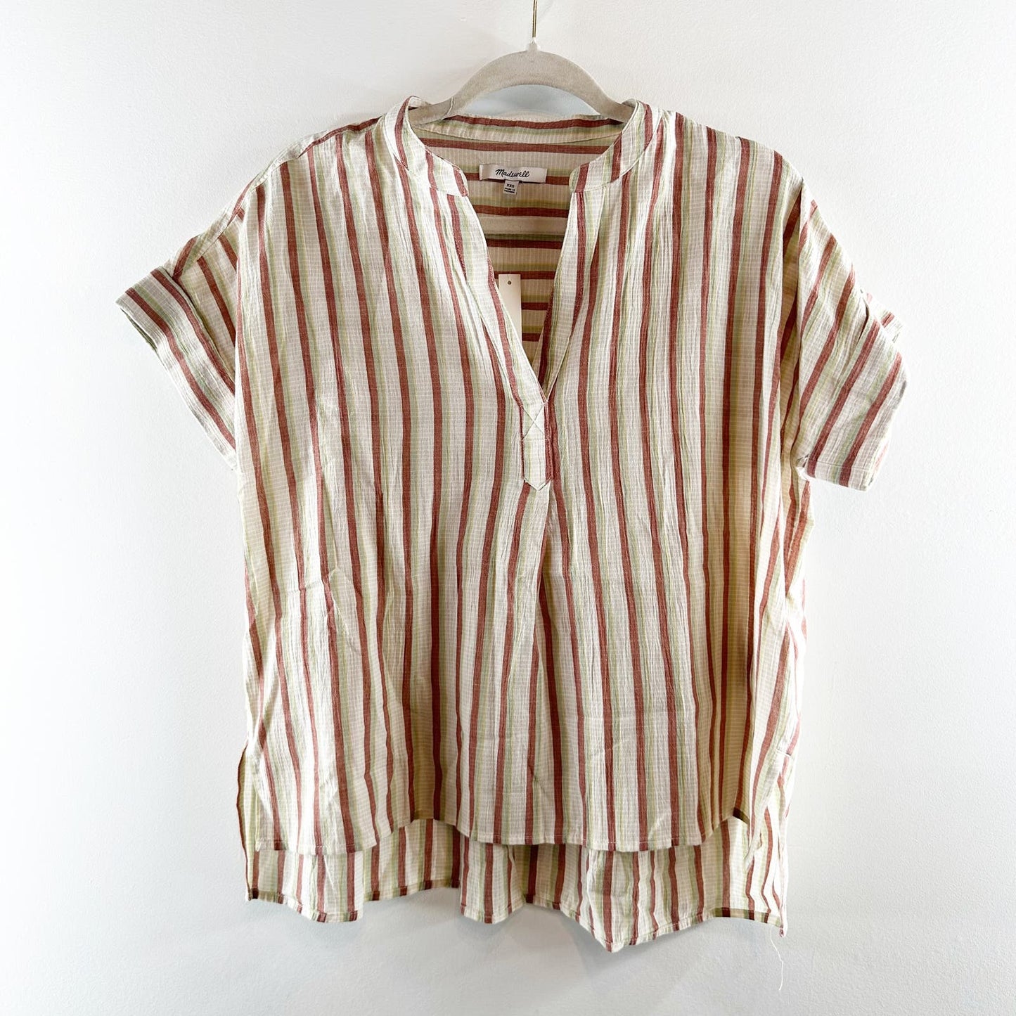 Madewell Crinkle Cotton Lakeline Popover Short Sleeve Shirt in Stripe Cream XXS
