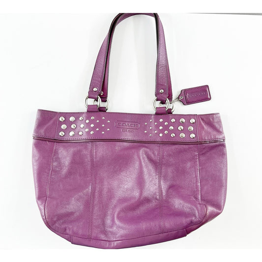 Coach East West Studded Leather Tote Purse Bag Purple