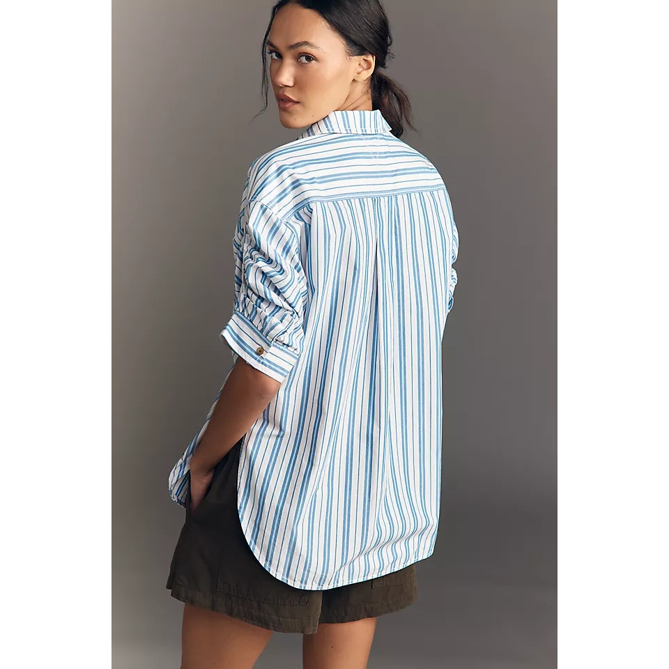 Pilcro by Anthropologie Striped Ruched Sleeve Buttondown Shirt Top White Blue XL