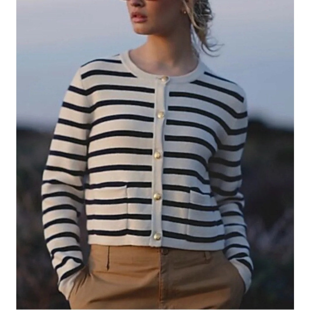 J. Crew Emilie Striped Long Sleeve Sweater Lady Jacket White Navy Blue 2X
