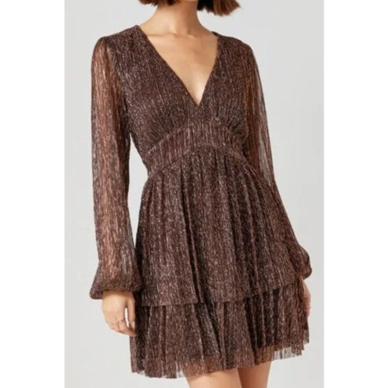 Mi Ami by Francesca's Josephine Shimmer V-Neck Mini Dress Metallic Copper Medium