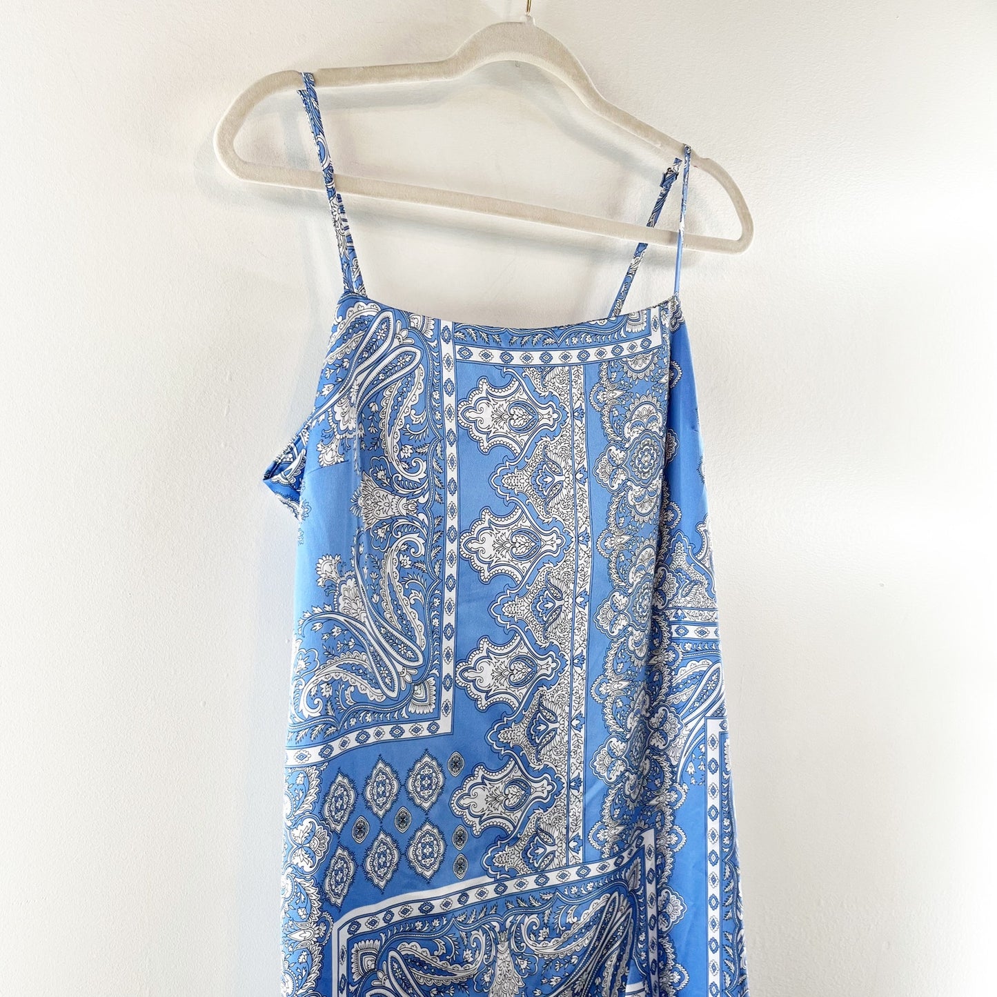 Loft Square Neck Bandana Print Slip Midi Satin Dress Blue 8