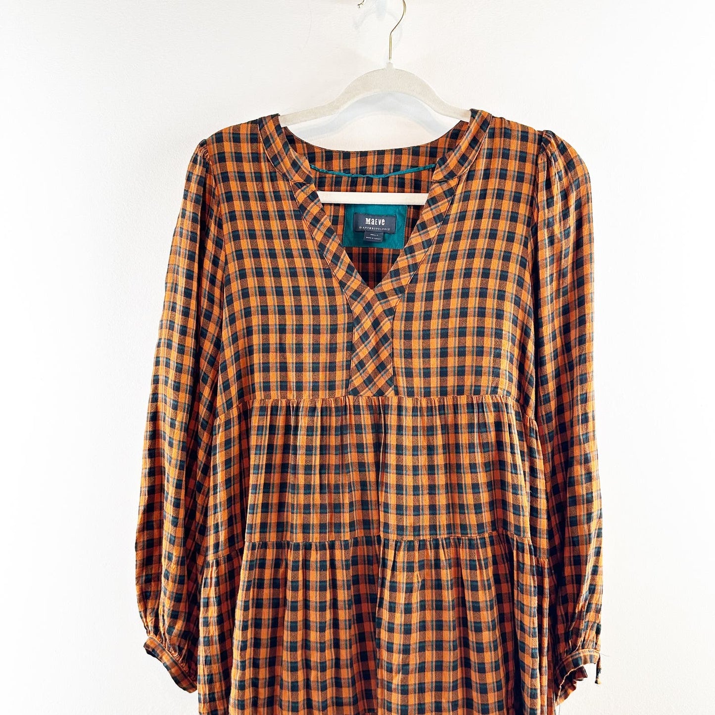 Maeve Anthropologie Long Sleeve Gingham Plaid Tunic Mini Dress Gold Black Small