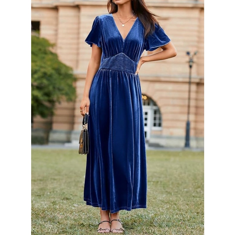 In Loom Velvet Flutter Sleeve V-Neck Tiered Ruffle Maxi Dress Midnight Blue M